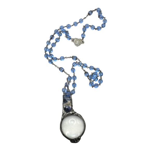 Natural Blue Opal & Magnifying Glass Silver Blend  Glass Beaded Artisan Necklace - Picture 5 of 12